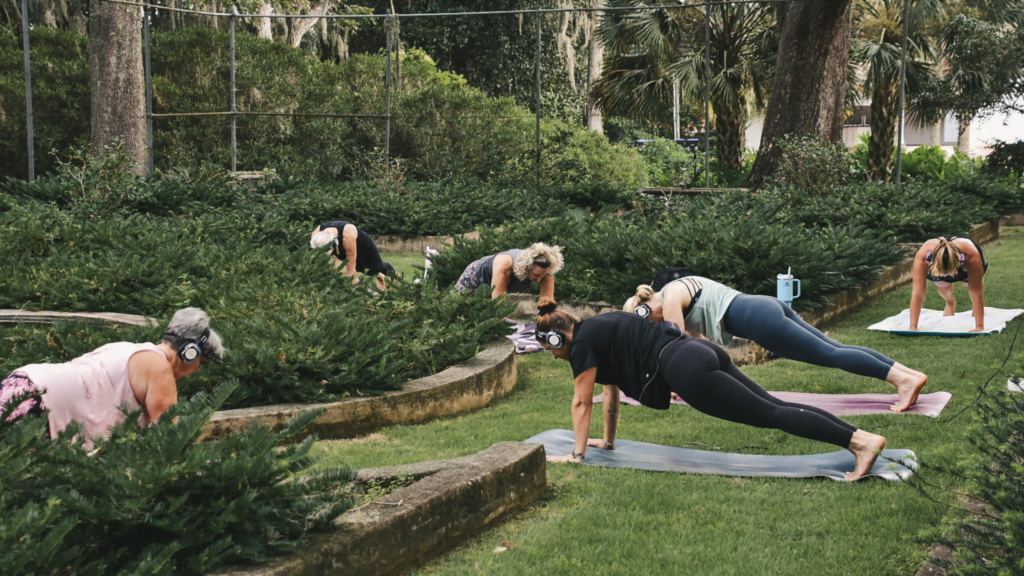 Headphone yoga date at Goodwood Museum & Gardens for date night ideas in Tallahassee.