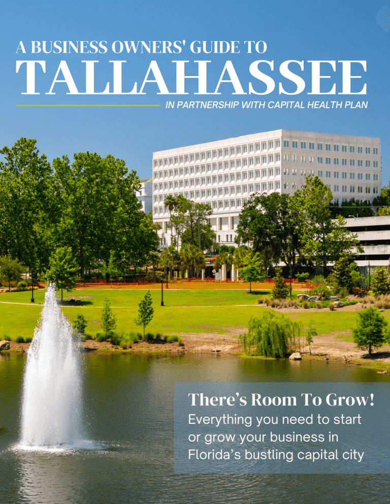 Prospective Business Owners Relocation Guide cover, featuring Cascades Park with downtown Tallahassee office buildings in background