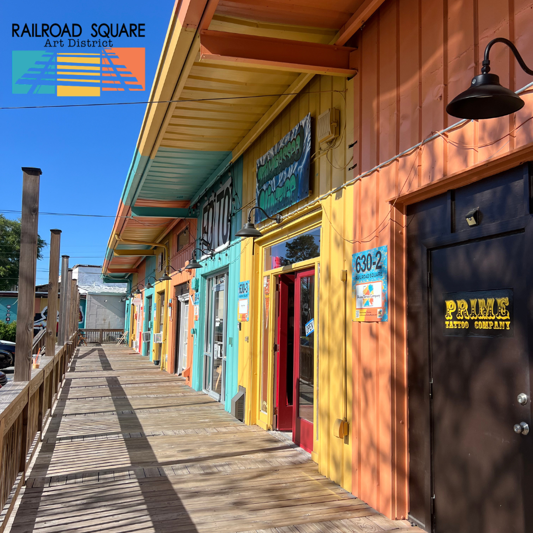 Boardwalk for the shops in colorful pastels, in Railroad Square